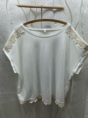 Laura Plus‎ Top Womens 2X White Excellent Crochet Lace Trim Scalloped Hem Boho